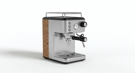 Contemporary Stainless Steel Espresso Coffee Machine with Stylish Textured Side Panel for Gourmet Home Brewing Isolated on Pristine White Background