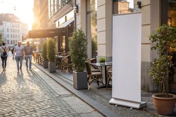 Ultra-realistic roll-up banner mockup on urban sidewalk near café with sunlight, plants, and chairs. Perfect for marketing, advertising, branding, and commercial display design.