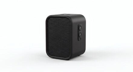 Obraz premium Compact black wireless audio speaker with textured grille and control buttons, offering portable sound for music lovers on a clean white background.