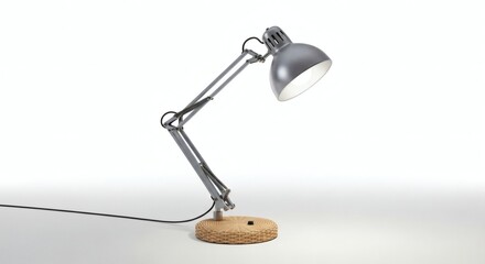 Adjustable grey metal desk lamp with a natural wood base. Provides bright, focused light. Modern study task lamp.
