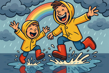 Cartoon Father and Child Jumping in Rain with Rainbow for Father's Day Celebration, dia dos pais