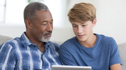 Elderly man and young boy sitting together, looking at a tablet screen. Family bonding and technology