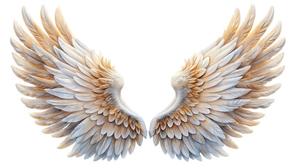 Majestic feathered angel wings with creamy white and golden brown hues isolated on a transparent background
