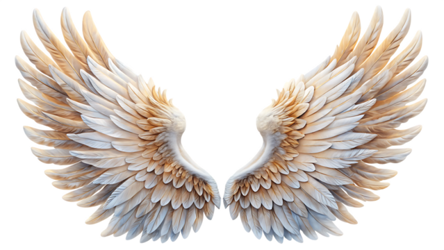 Majestic feathered angel wings with creamy white and golden brown hues isolated on a transparent background