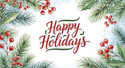 Festive holiday card design with pine branches and red berries "Happy Holidays" watercolor card, winter greenery, pine branches, subtle snowflakes, hand-drawn typography