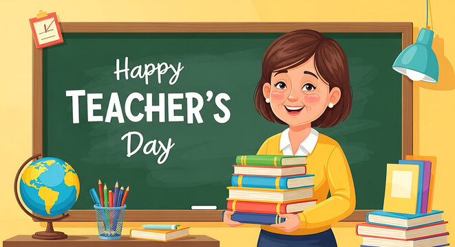 Teacher holding books and smiling in classroom for Teacher's Day illustration, smiling stack of books, standing in front of chalkboard with "Happy Teacher’s Day" written