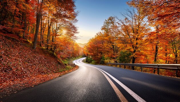 curvy road surrounded by autumn leaves forest landscape photography serene environment wide angle perspective nature s beauty