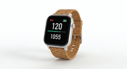 Modern smartwatch with digital display showing health metrics and activity. A high-tech wearable device for active lifestyles and connectivity, isolated on a clean white background.