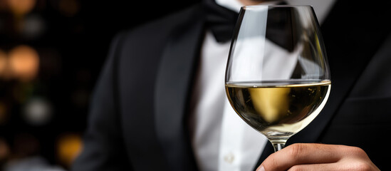 A person in a black tuxedo holds a glass of white wine. Elegance and sophistication of fine dining