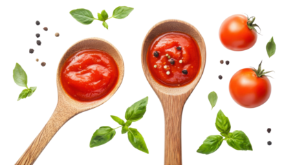 Ketchup tomato sauce in wooden spoon with green leaves and syzygium aromaticum isolated on white background 