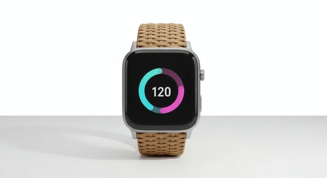 Smart wrist device displaying digital health metrics and activity data on screen, with numerical readout and progress, for personal wellness tracking.