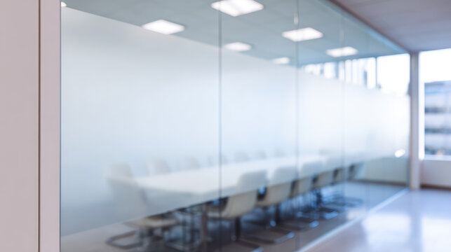 Conference room with frosted glass walls and boardroom chairs around a table. Business, corporate, meeting, office environment