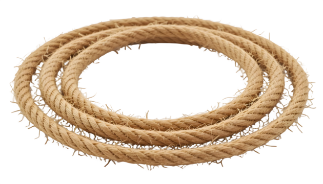 Twisted natural rope forms a circular shape against a transparent backdrop, showcasing its texture and strength, transparent background