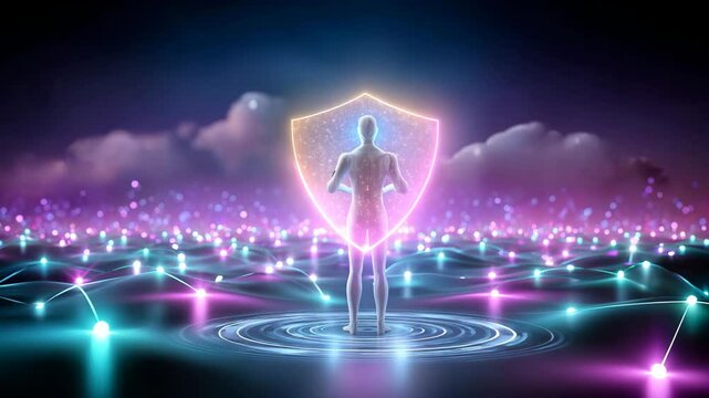 A futuristic concept of digital security with a glowing shield protecting a human figure amidst a vibrant network of interconnected lights.
