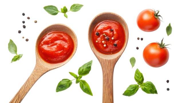 Ketchup tomato sauce in wooden spoon with green leaves and syzygium aromaticum isolated on white background 