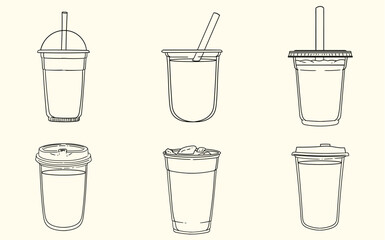 Set of original hand-drawn illustrations of drinks in plastic cups in a minimalist style. Vector illustrations of cups with drinks for posters, cards, cafe menus, and graphic design.