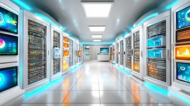 A modern data center featuring rows of servers with vibrant LED displays, showcasing advanced technology and a high-tech environment.
