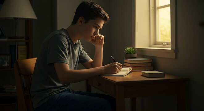 Pensive Teenager Writing in Journal by Window Warm Evening Light Introspective Mood.