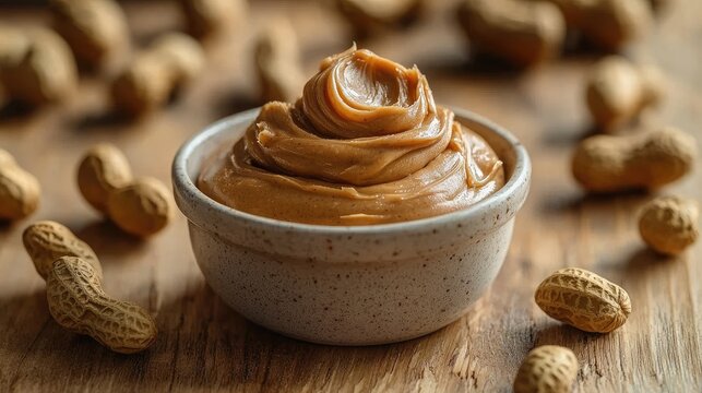 Creamy Peanut Butter in Rustic Dish Surrounded by Peanuts