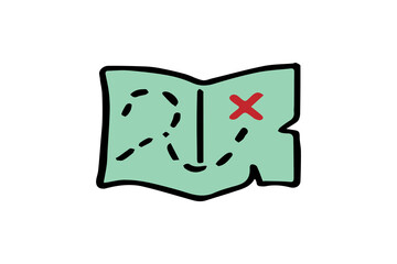 The map is light green with bold black outlines, displaying a dashed path that curves around before ending at a bold red "X" — the classic symbol for a hidden treasure spot.