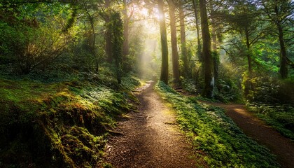 a path with sunlight on a mystical enchanted forest generative ai