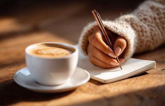 Journaling session with morning coffee in a cozy setting for self-care and mindfulness