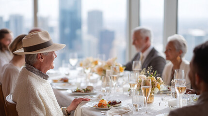 Elegant dining Senior man in hat enjoys a lavish meal with friends, city view backdrop. Celebratory atmosphere, ideal for lifestyle or retirement concepts.
