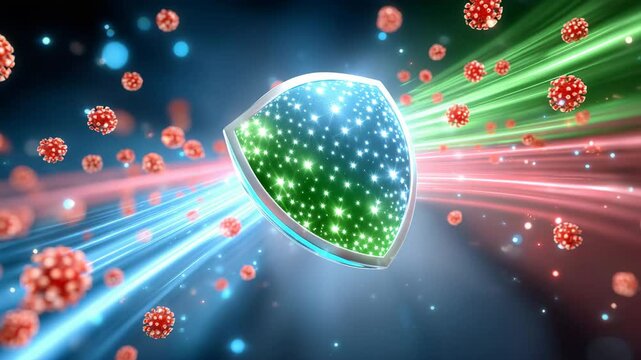 An abstract illustration depicting a shield protecting against viruses, with vibrant colors symbolizing immunity and defense against pathogens.
