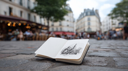 Open sketchbook featuring a city sketch, set against a blurred urban scene. Perfect for travel, creativity, art, and inspiration themes. Evokes a sense of place.