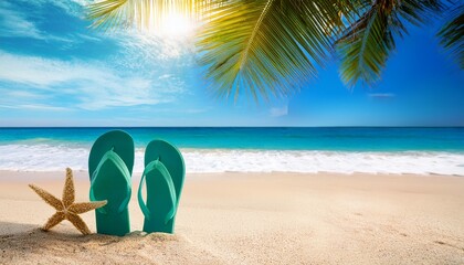 summer holiday background with flip flops and palm tree on sandy beach