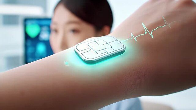 Wrist sensor with ECG wave; Asian woman blurred in background