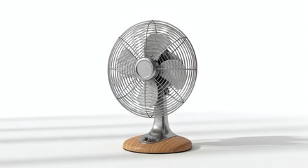 Fototapeta premium Classic Silver Desk Fan with Polished Metallic Blades and Elegant Wooden Base, Delivering Efficient Airflow for Comfortable Cooling on a Bright White Studio Background.
