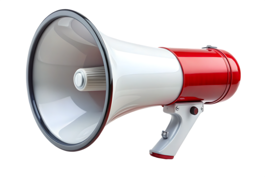 Red and white megaphone with a grey rim and black button on a black background isolated on a transparent background