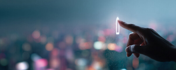A fingertip gently touches a glowing digital keyhole against a blurred cityscape backdrop.  This image represents access, security, opportunity, and the future of technology.