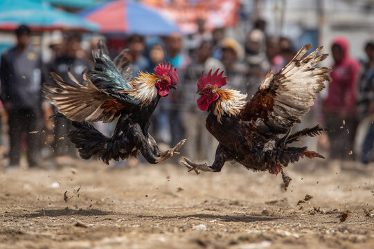 Two roosters fight in a traditional cockfighting arena surrounded by cheering spectators.