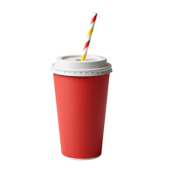 Vibrant red disposable paper cup with a white lid and colorful striped straw, perfect for fast food drinks - transparent background Generative Ai.