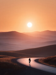 Fototapeta premium A cyclist rides into the sunset on a winding road through golden hills. Dramatic landscape, travel, active lifestyle, adventure concept. Use for health, fitness, or motivational campaigns.