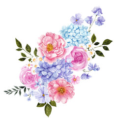 Hand draw watercolor bouquet with colorful romantic flowers, elegant and delicate floral, isolated on white background