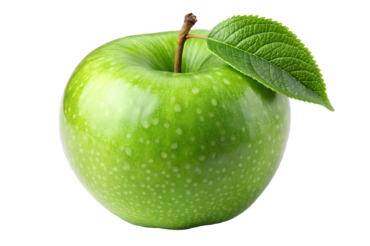 Single bright green Granny Smith apple with a textured leaf and stem isolated on a transparent background 1