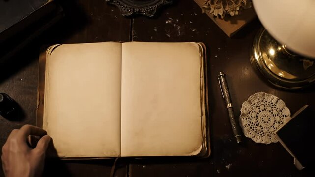 Hands turning aged book pages on a vintage desk under soft light