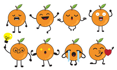 Fototapeta premium Funny Orange Fruit Characters with Emotions – Cartoon Citrus Icons Set for Kids, Education, Emoji, and Healthy Food Concepts