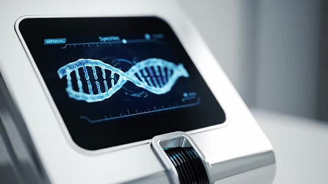 Futuristic device displaying a glowing blue DNA helix