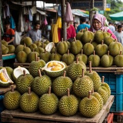 Stacks of whole and opened durians at a busy local market, showcasing Southeast Asia&rsquo;s famous tropical fruit