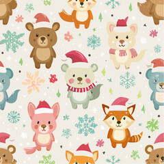 Adorable seamless Christmas pattern with cartoon animals wearing Santa hats, including bears