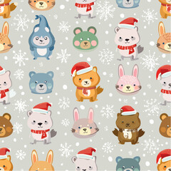 Adorable seamless Christmas pattern with cartoon animals wearing Santa hats, including bears