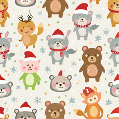 Adorable seamless Christmas pattern with cartoon animals wearing Santa hats, including bears