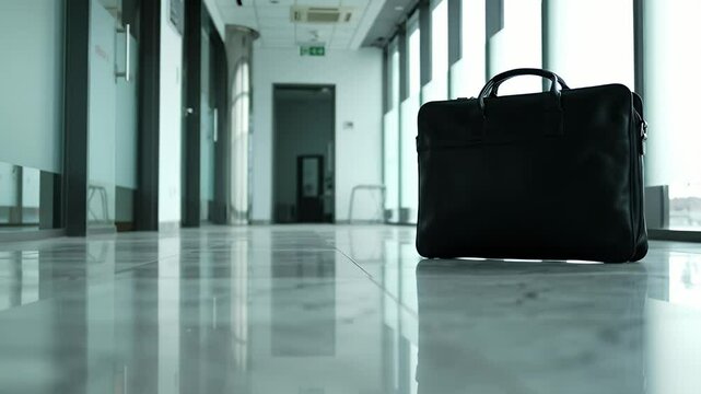 Black bag sits on a shiny hallway floor, lights from windows reflect