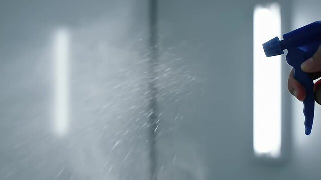 Spray bottle in use against a bright, blurry, neutral backdrop