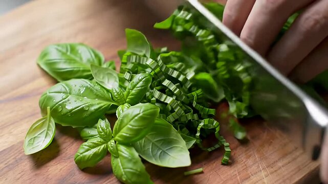 Fresh basil being chopped with a silver knife on a wooden cutting board