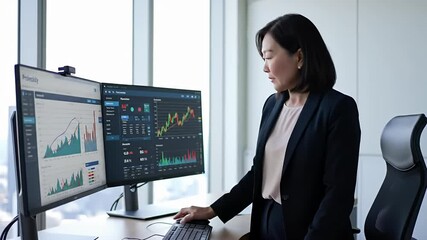 Woman in suit working at dual monitors displaying stock market data - Powered by Adobe